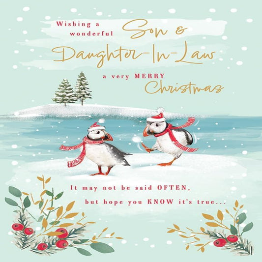 Piccadilly Greetings Christmas Card for Son & Daughter-in-Law  –  Wishing You a Wonderful Christmas  –  Puffin Design  –  9 x 6 inches