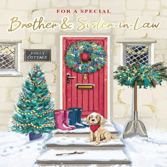 Piccadilly Greetings Christmas Card for Special Brother & Sister-in-Law  –  Dog & Door Design -  8 x 6 inches