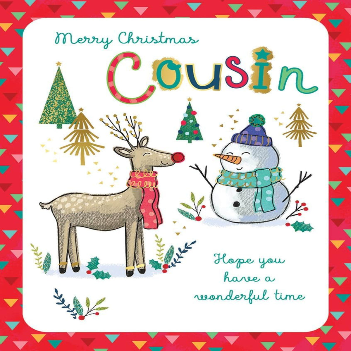 Piccadilly Greetings Christmas Card for Cousin   –   Deer & Snowman Christmas Greeting Card   -  8 x 6 inches