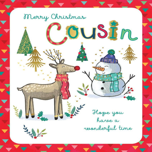 Piccadilly Greetings Christmas Card for Cousin   –   Deer & Snowman Christmas Greeting Card   -  8 x 6 inches