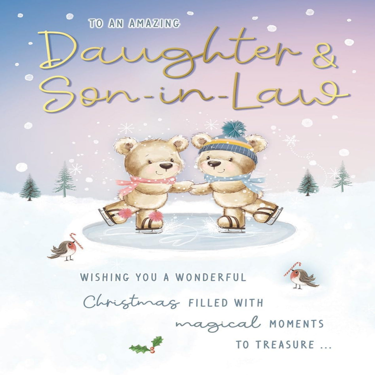 Piccadilly Greetings Christmas Card for Daughter & Son-in-Law    –    Skaters    -    9  x  6 inches