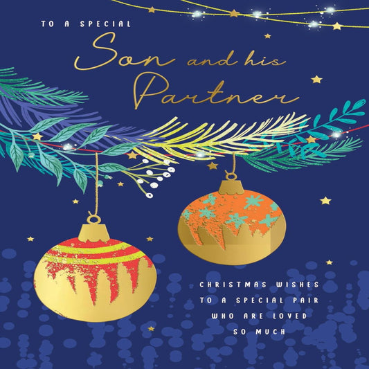 Piccadilly Greetings Christmas Card for Son and Partner   –    Baubles Design    -    9   x   6 inches