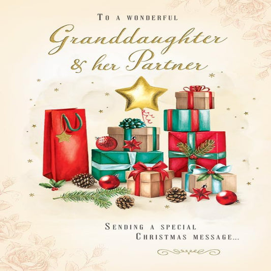 Piccadilly Greetings Christmas Card for Granddaughter & Partner – Gift Pile - 9 x 6 inches