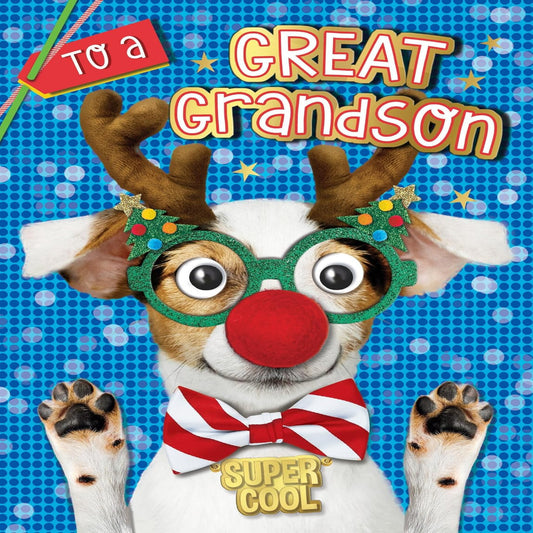 Piccadilly Greetings Great Grandson Christmas Card – Super Cool Crazy Dog - 8 x 6 inches