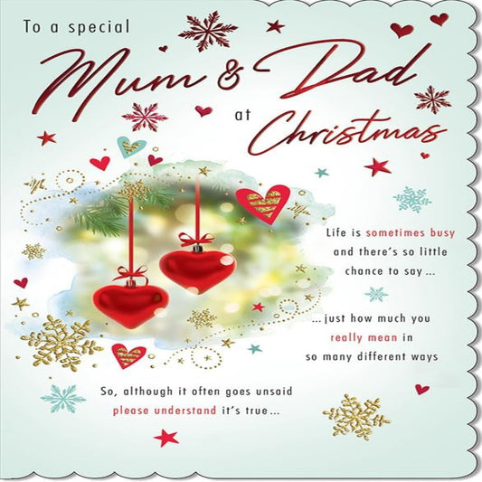 Piccadilly Greetings Classic Christmas Card for Mum & Dad with 2 Hearts –  9 x 6 inches