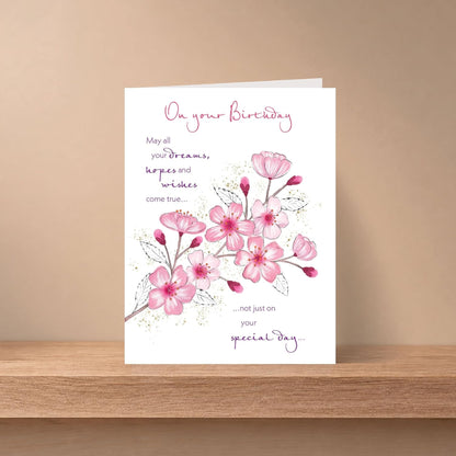 Piccadilly Greetings Female Birthday Card   –   Pink Blossom Design   -    8  x  6 inches