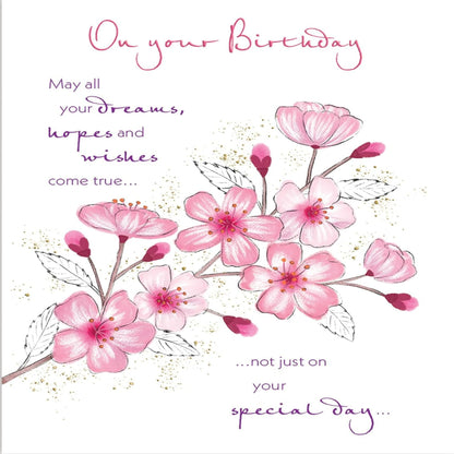 Piccadilly Greetings Female Birthday Card   –   Pink Blossom Design   -    8  x  6 inches