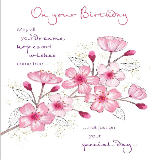 Piccadilly Greetings Female Birthday Card   –   Pink Blossom Design   -    8  x  6 inches