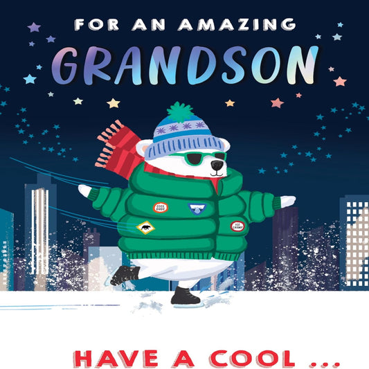 Piccadilly Greetings Grandson Christmas Card – Skater Bear Design - 9 x 6 inches