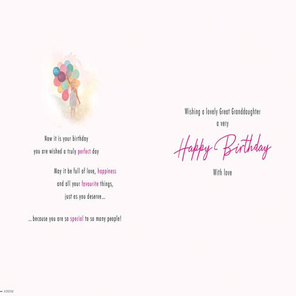 Piccadilly Greetings Great Granddaughter Birthday Card – Traditional    -   white|pink|red    -    9 x 6 inches