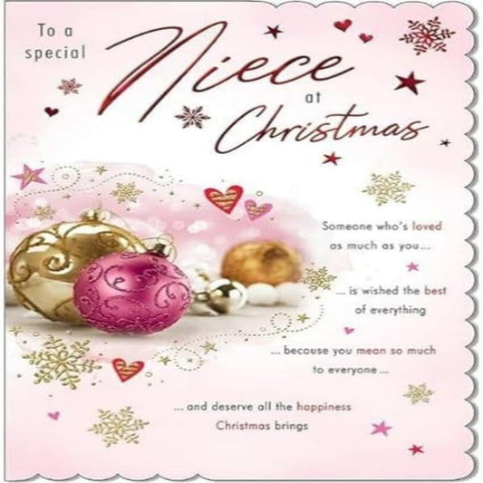Piccadilly Greetings Niece Christmas Card – Baubles Design  - 9 x 6 inches