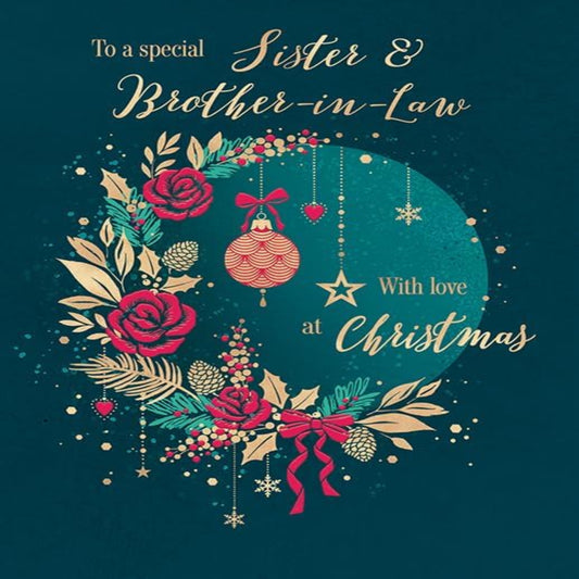 Piccadilly Greetings Sister & Brother-in-Law Christmas Card  –  Rose Wreath  -  8 x 6 inches