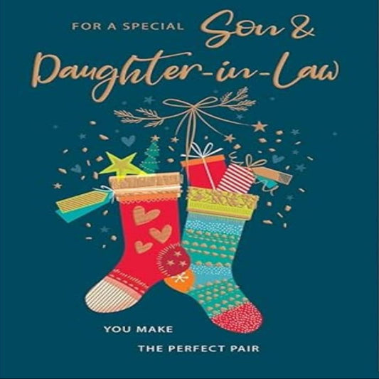 Piccadilly Greetings Son & Daughter-in-Law Christmas Card  –   Modern Stockings Design   -   9  x  6 inches