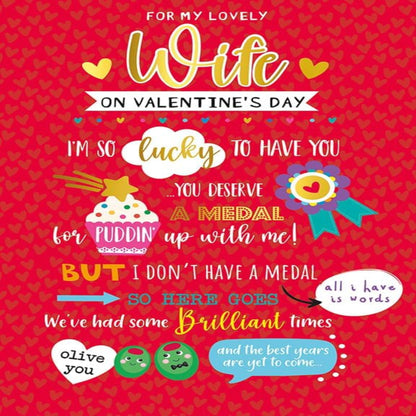 Piccadilly Greetings Valentine’s Day Card for Wife  -  9 x 6 inches