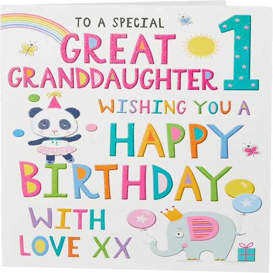 Regal Publishing 1st Birthday Card for Great Granddaughter | Cute Age One Birthday Card   -    yellow|white|red|silver|blue|pink  -    9 x 6 inches