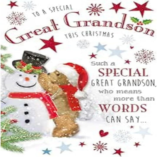 Regal Publishing Great Grandson Christmas Card – Bear & Snowman Design - 9 x 6 inches
