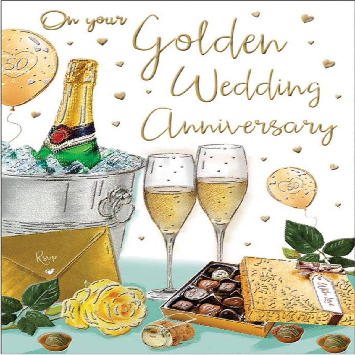 Regal Publishing   -  Golden Wedding Anniversary Card   –   Champagne & Chocolates   -   9 x 6 inches