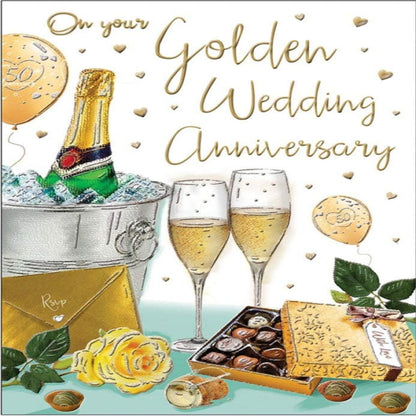 Regal Publishing   -  Golden Wedding Anniversary Card   –   Champagne & Chocolates   -   9 x 6 inches