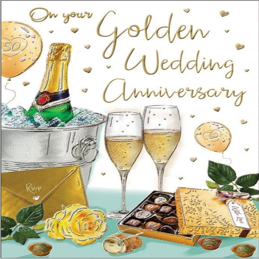Regal Publishing   -  Golden Wedding Anniversary Card   –   Champagne & Chocolates   -   9 x 6 inches