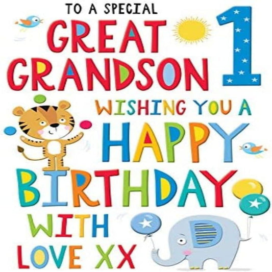 Regal Publishing Juvenile Great Grandson 1st Birthday Card    -   9  x  6  inches