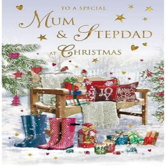 Regal Publishing Mum & Stepdad Christmas Card – Traditional Bench Design  - 8 x 6 inches