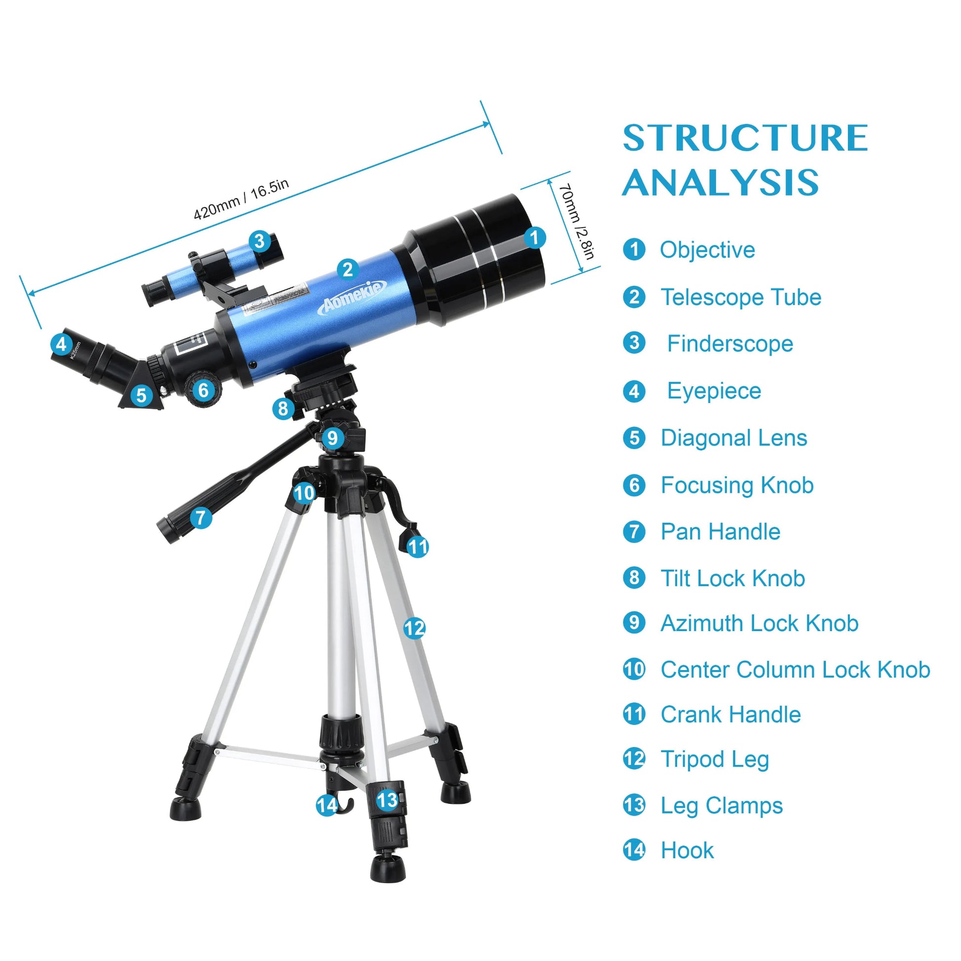 Telescopes for Adults Astronomy with Backpack Telescope for Beginners with Metal Kellner Eyepieces 70Mm Travel Telescope