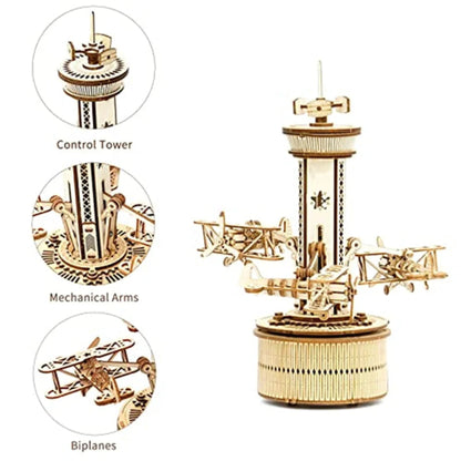Roker 3D Wooden Puzzles for Adults DIY Musical Box Model Kit to Build Self-Assembly Building Kit Airplane-Control Tower