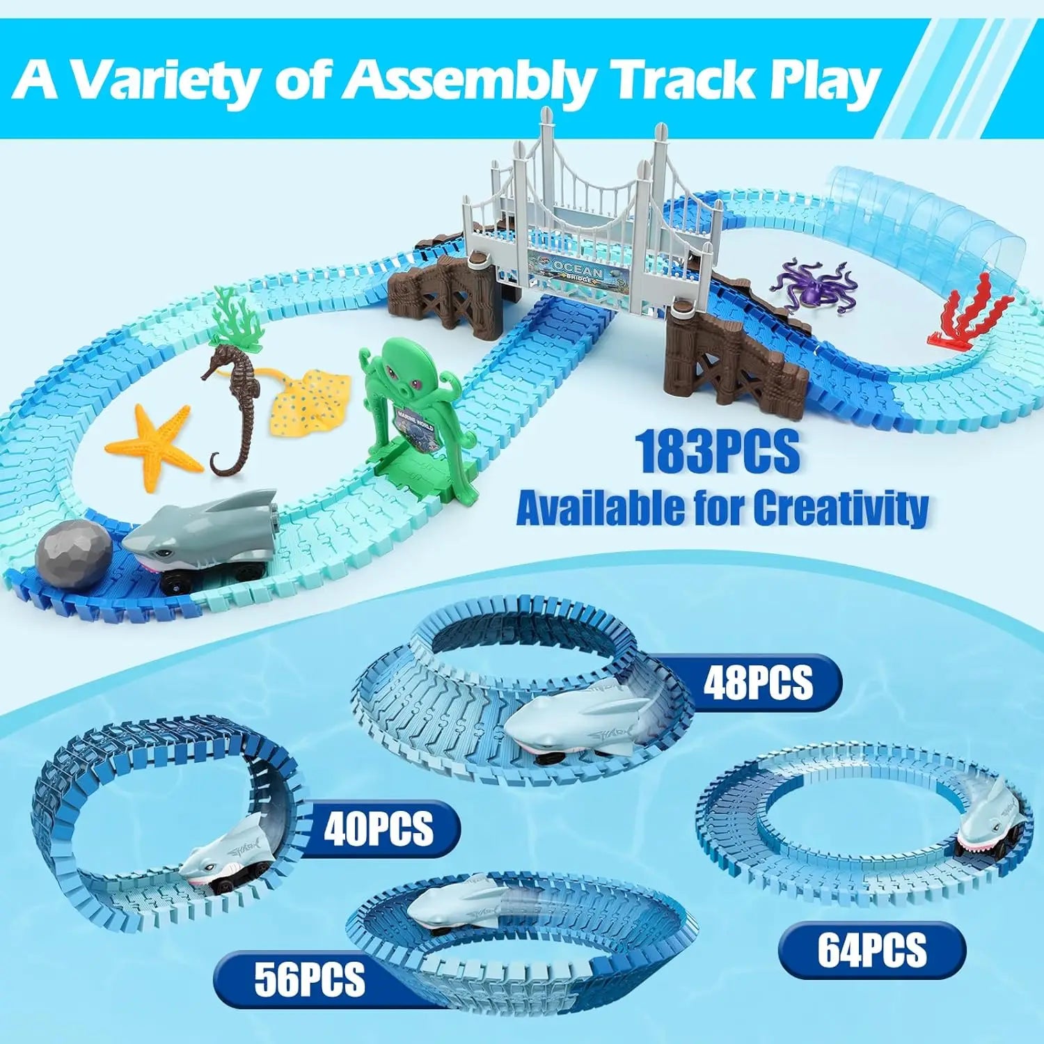 Track Toys Shark Race Car Toy for Boys Girls Age 3+ Bendable Flexible Racetrack Cars Ocean Train Toy STEM Educate Kid Set