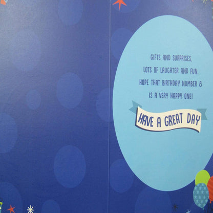 Simon Elvin Blue 8th Birthday Card  –   Colourful Age 8 Design  -  7.5   x   5.5 inches