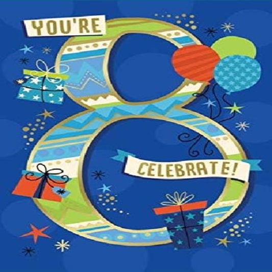 Simon Elvin Blue 8th Birthday Card  –   Colourful Age 8 Design  -  7.5   x   5.5 inches