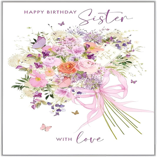 Sister Birthday Card   –    Nigel Quiney Floral Bouquet Birthday Card with Butterflies  -  145  x  210mm