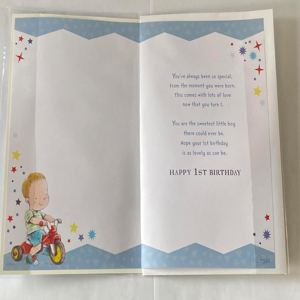 Son 1st Birthday Card – Cute Boy & Trike Design with Badge  -  22cm  x  15cm