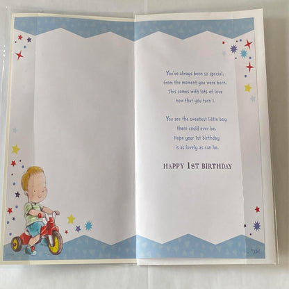 Son 1st Birthday Card – Cute Boy & Trike Design with Badge  -  22cm  x  15cm