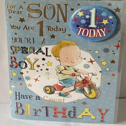 Son 1st Birthday Card – Cute Boy & Trike Design with Badge  -  22cm  x  15cm