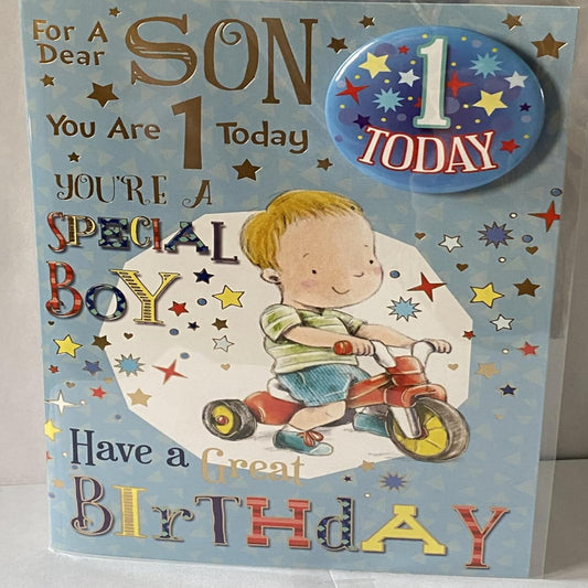 Son 1st Birthday Card – Cute Boy & Trike Design with Badge  -  22cm  x  15cm