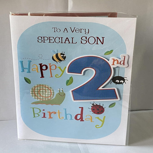 Son 2nd Birthday Card Age 2 with 3D Foil Detail  -   23cm  x  15cm