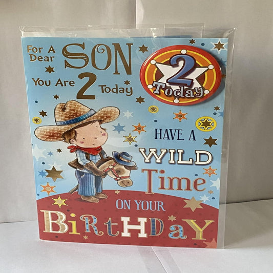 Son 2nd Birthday Card with Badge | Cute Cowboy Age 2 Card  -  22cm x 15cm