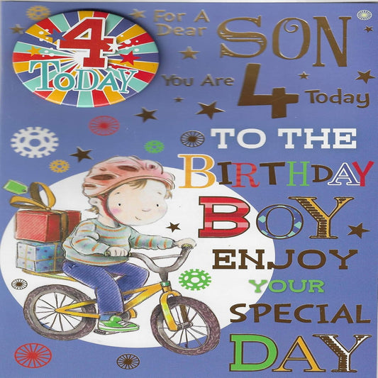 Son 4th Birthday Card with Badge  -   9  x  6 inches