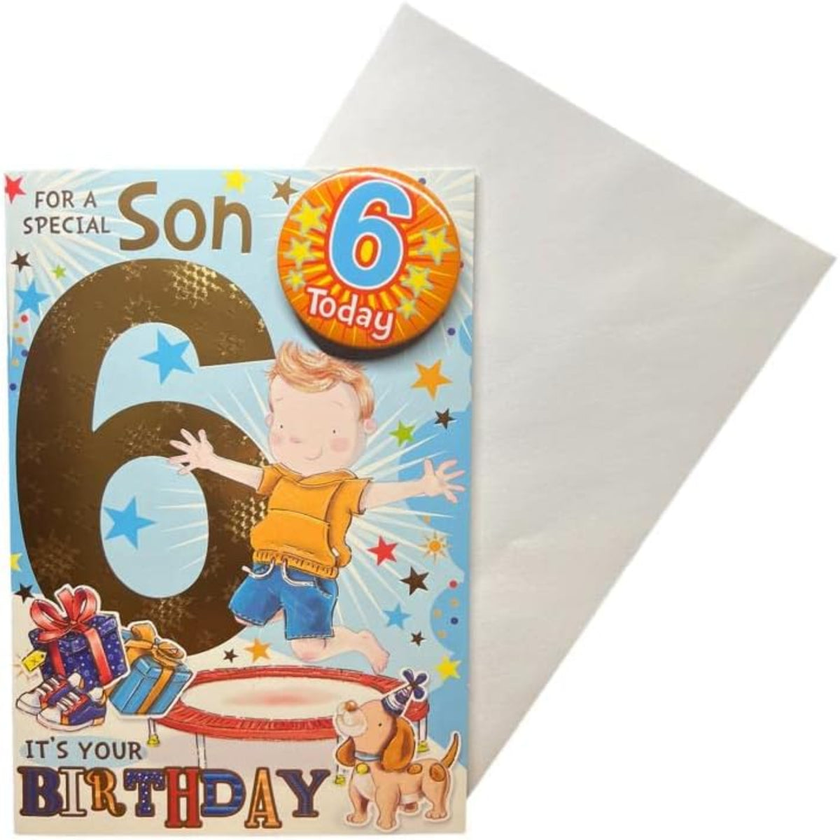 Son 6th Birthday Card with Badge & Envelope   -   22.8  x  15.3 cm