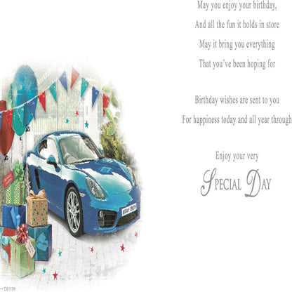 Son-in-Law Birthday Card Blue Sports Car  -   8 x 6 inches
