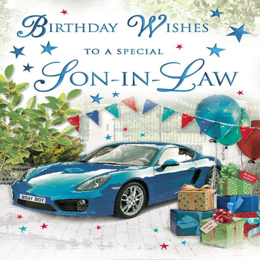 Son-in-Law Birthday Card Blue Sports Car  -   8 x 6 inches