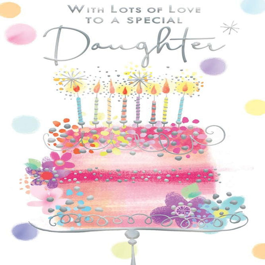 Special Daughter Birthday Card   –   Cake & Candles  -  Lovely Verse   -   15.2cm  x  22.8cm