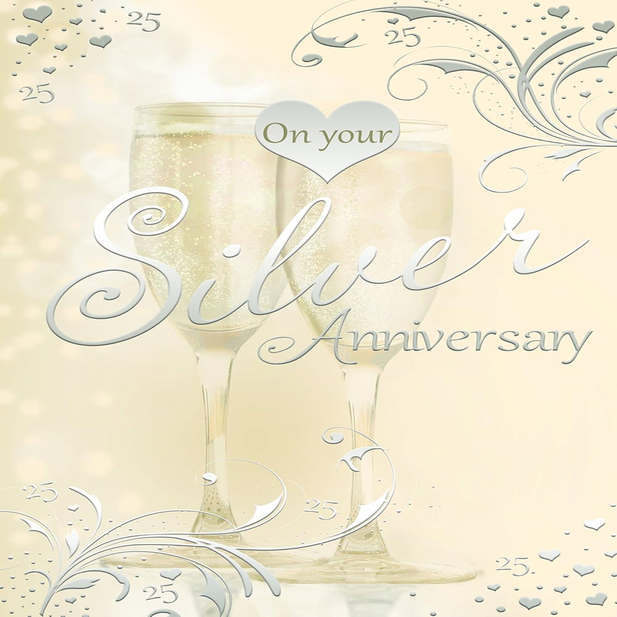 Special Days 25th Silver Anniversary Card   –   Champagne Design with Verse  -  15cm  x  23cm