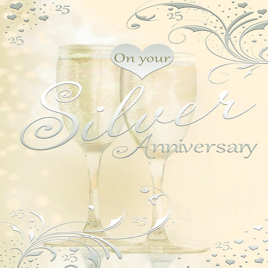 Special Days 25th Silver Anniversary Card   –   Champagne Design with Verse  -  15cm  x  23cm