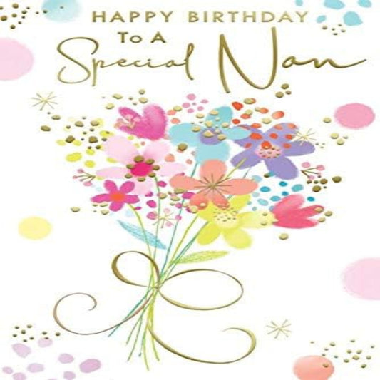 Special Nan Birthday Card with Flowers & Bow  –   Lovely Verse   -  15.2cm x 22.8cm