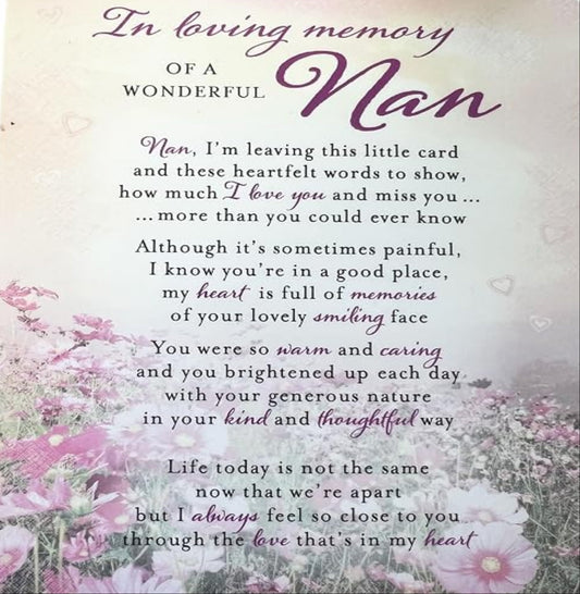 Special Nan Memorial Graveside Card   –   Plastic Coated Remembrance Grave Card with Verse      -    16.5cm  x  12cm