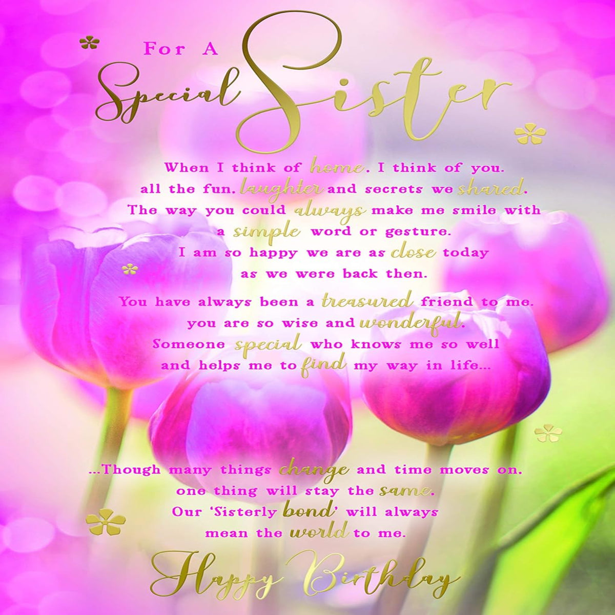 Special Sister Birthday Card – Tulips Sentiment Card with Verse  -  15.2cm  x  22.8cm