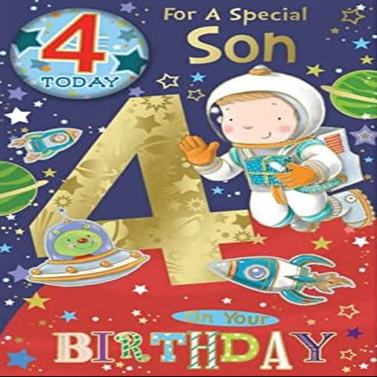 Special Son 4th Birthday Card with Badge | Xpress Yourself  -  23cm x 16cm