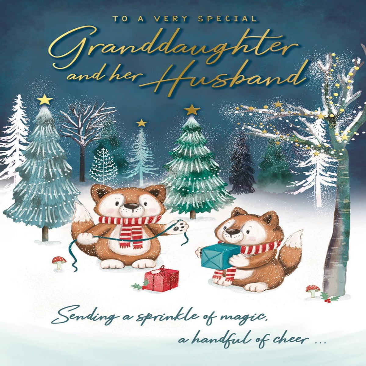 Very Special Granddaughter & Husband Christmas Card   –   Cute Foxes   -  Piccadilly Greetings  -   9  x  6  inches