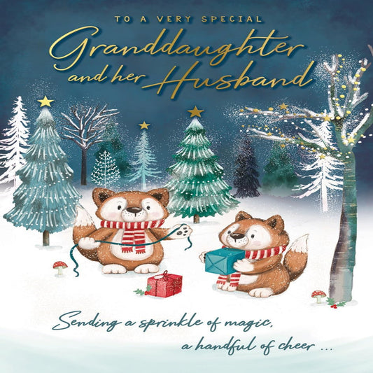 Very Special Granddaughter & Husband Christmas Card   –   Cute Foxes   -  Piccadilly Greetings  -   9  x  6  inches